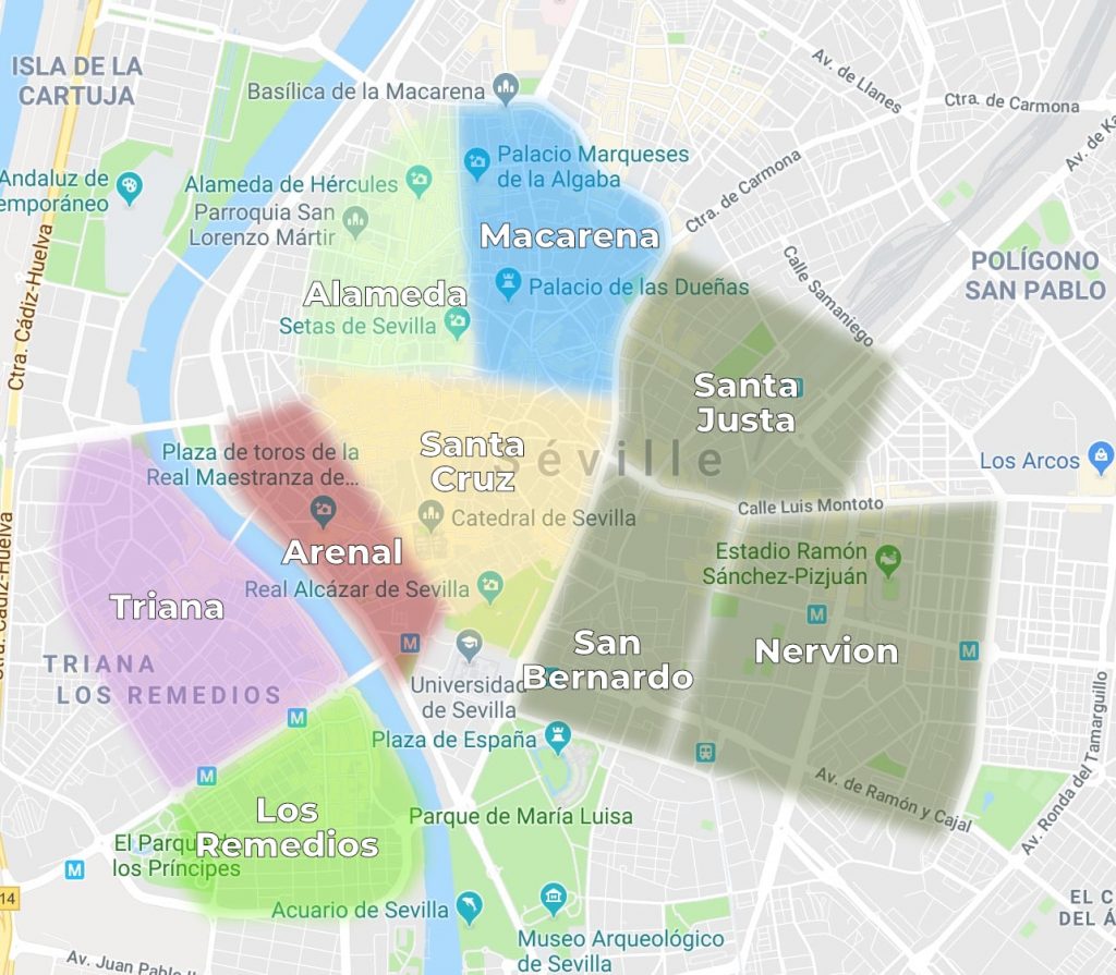 Les quartiers de Séville où se loger et les quartiers à éviter: la carte