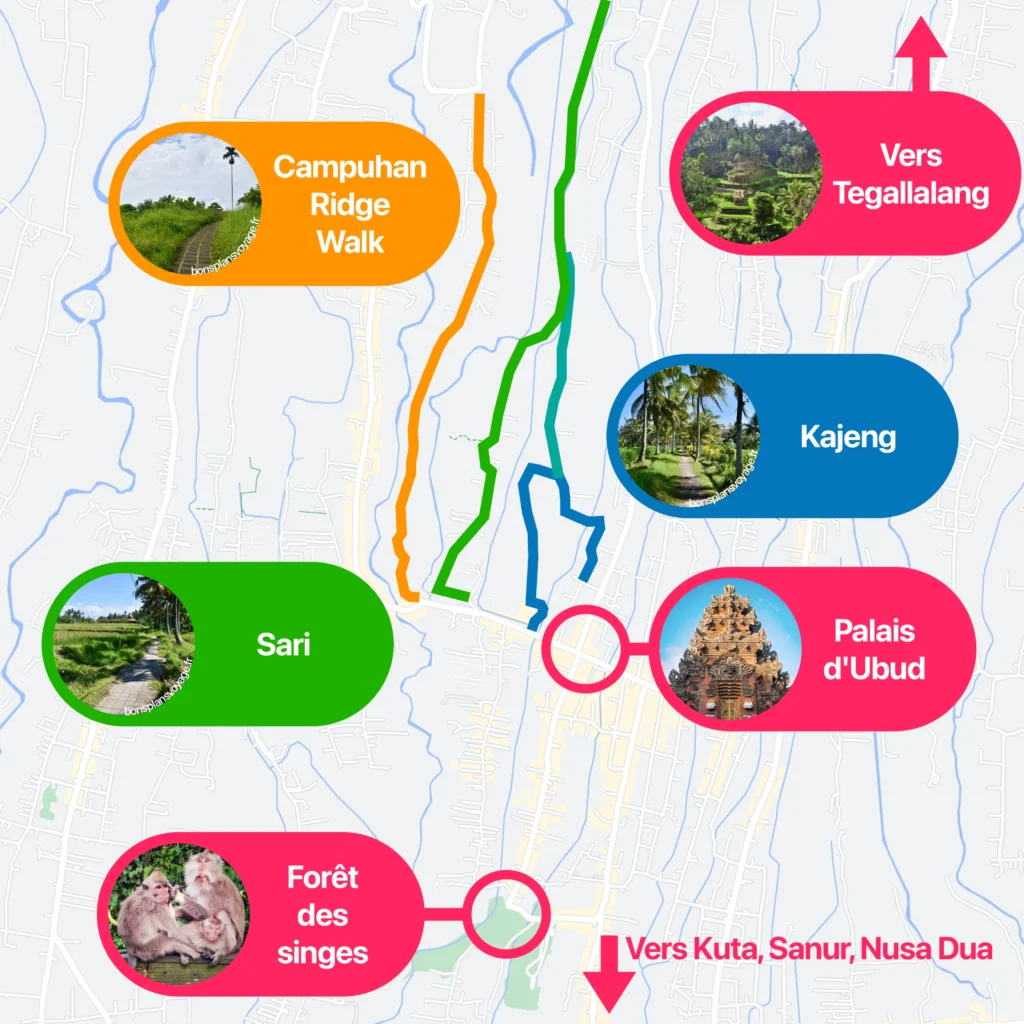 Carte des 3 meilleures randonnées à faire à Ubud