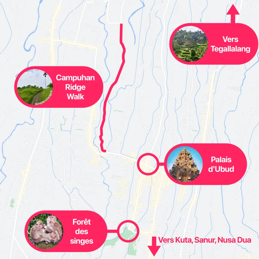 Carte du chemin de randonnée Campuhan Ridge Walk à Ubud, Bali