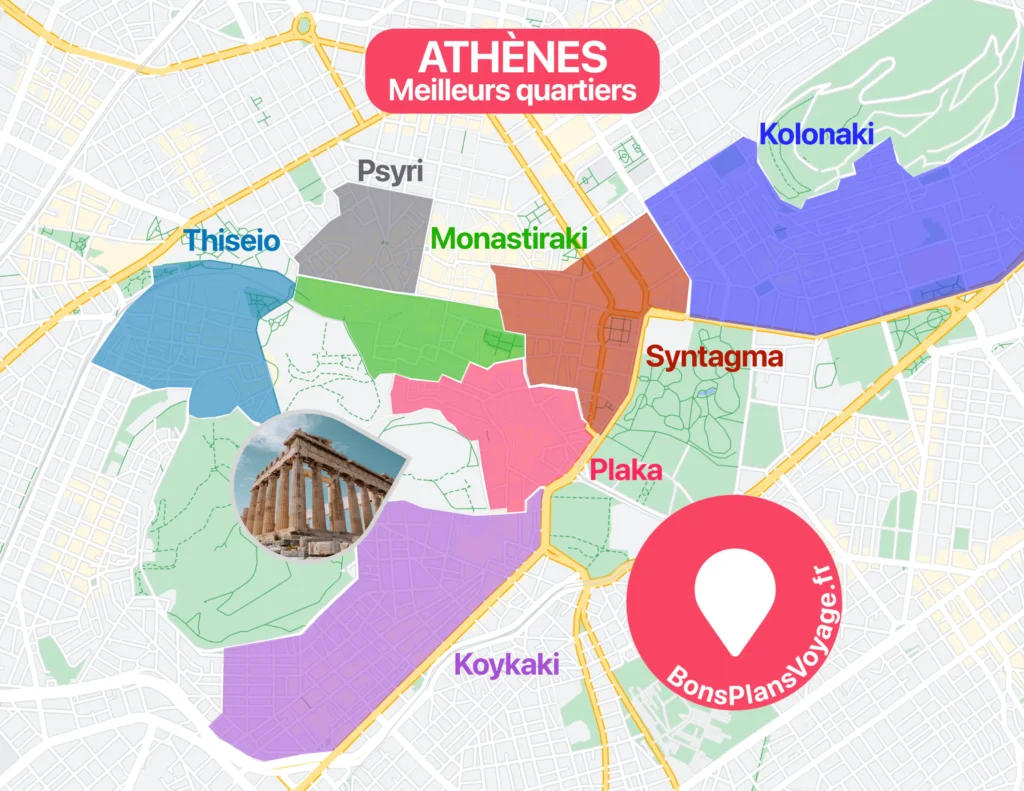 Carte des meilleurs quartiers où dormir à Athènes en Grèce