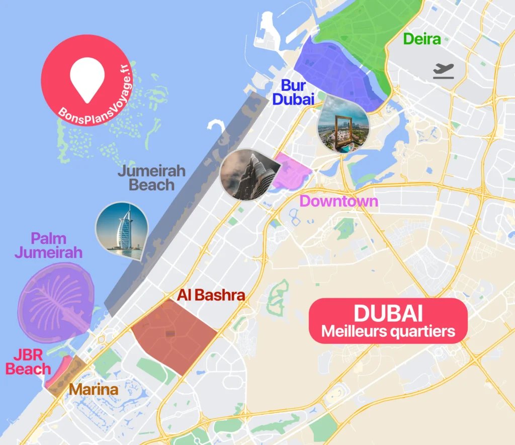 Carte des meilleurs quartiers où dormir à Dubai aux Émirats arabes unis
