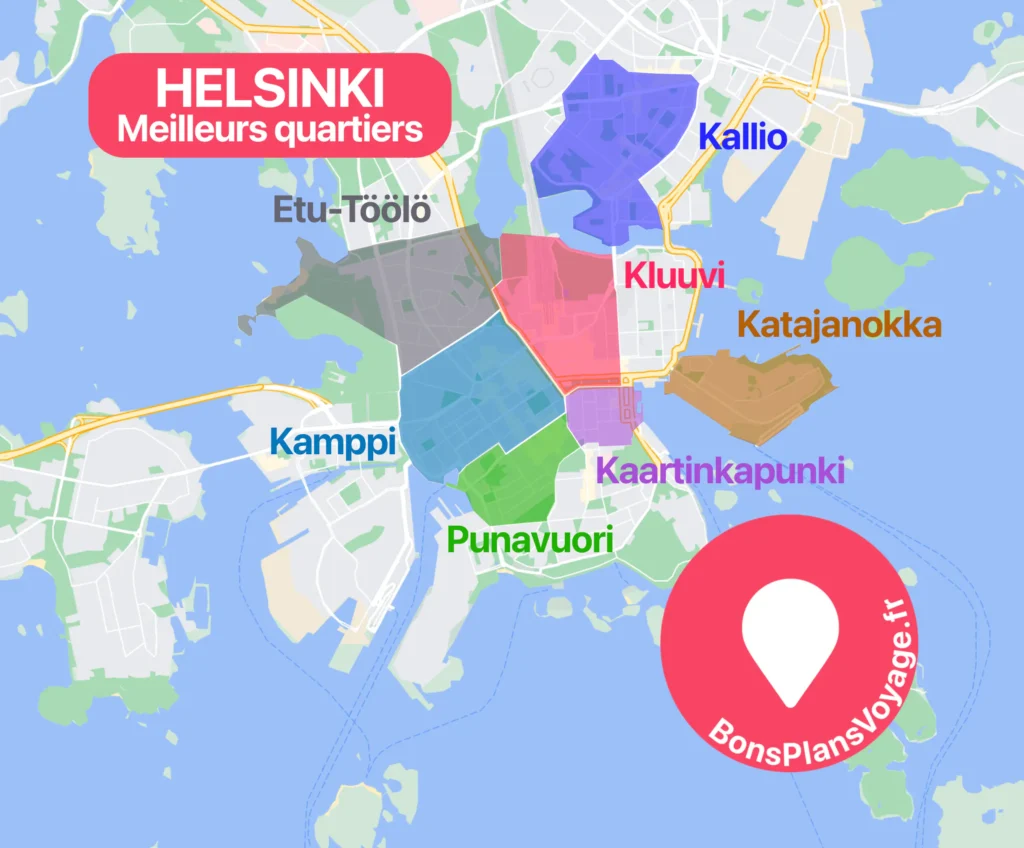 Carte des meilleurs quartiers où dormir à Helsinki en Finlande