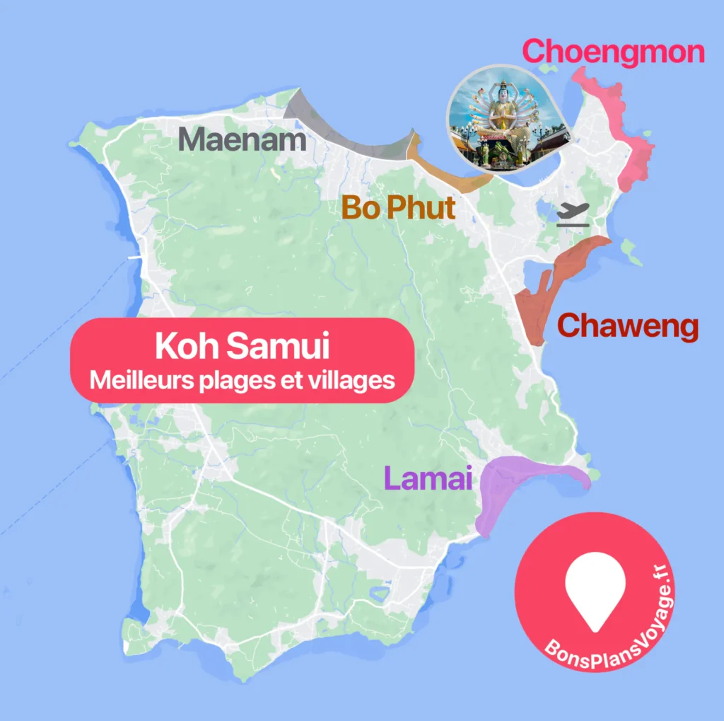 Carte des meilleurs quartiers où dormir à Koh Samui en Thailande