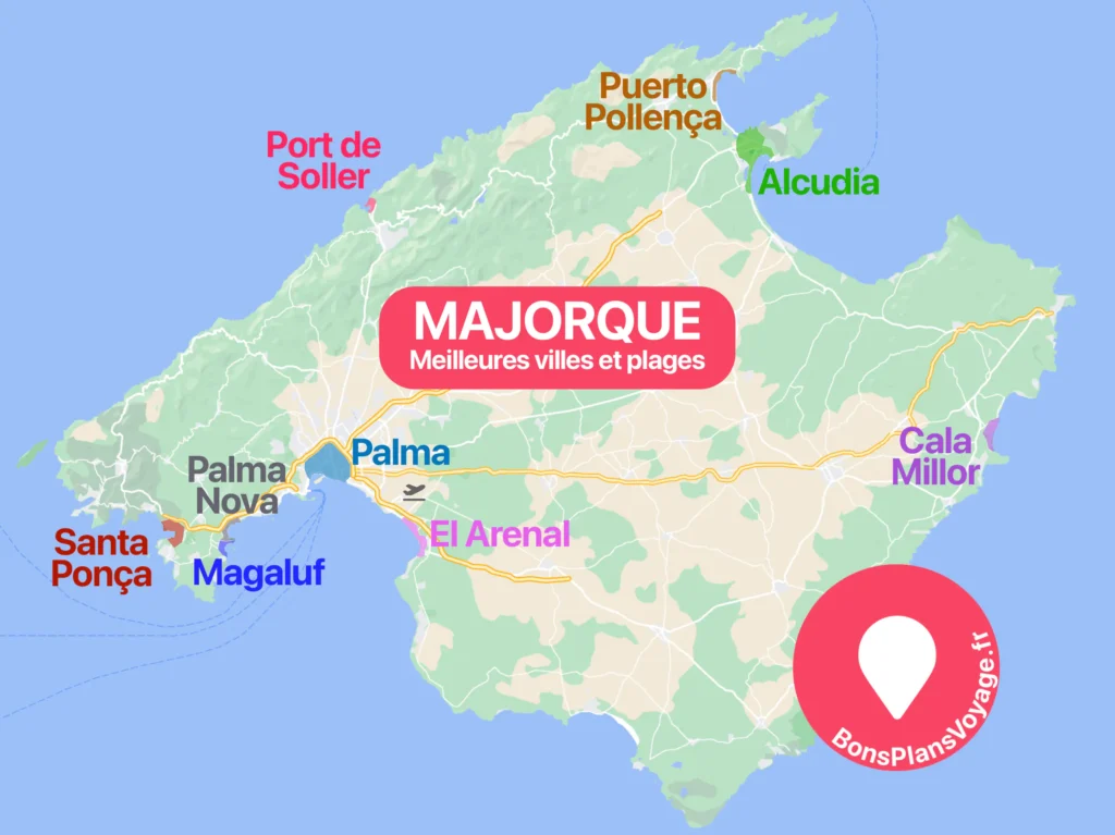 Carte des meilleures villes et plages où dormir à Majorque en Espagne