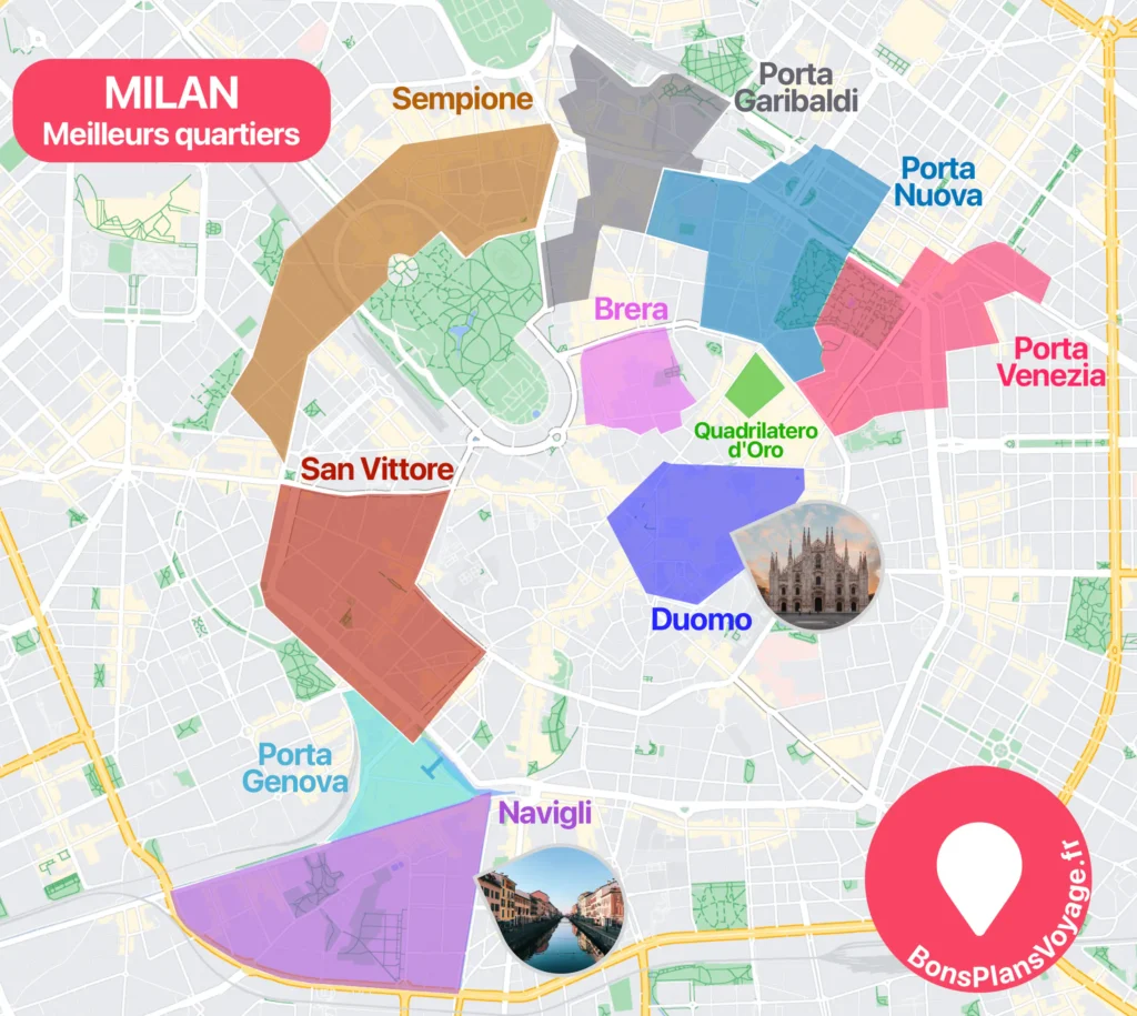 Carte des meilleurs quartiers où dormir à Milan en Italie