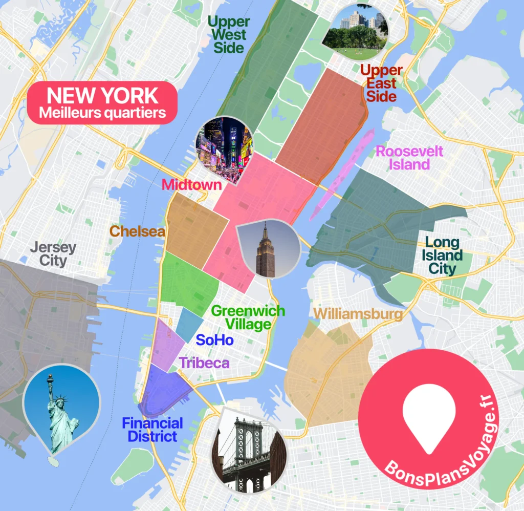 Carte des meilleurs quartiers où dormir à New York City aux États-Unis