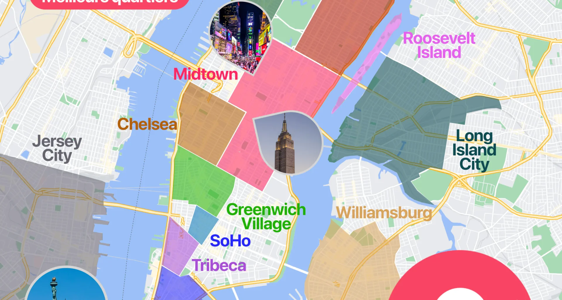 Carte des meilleurs quartiers où dormir à New York City aux États-Unis