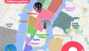Carte des meilleurs quartiers où dormir à New York City aux États-Unis