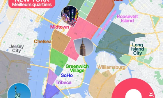 Carte des meilleurs quartiers où dormir à New York City aux États-Unis