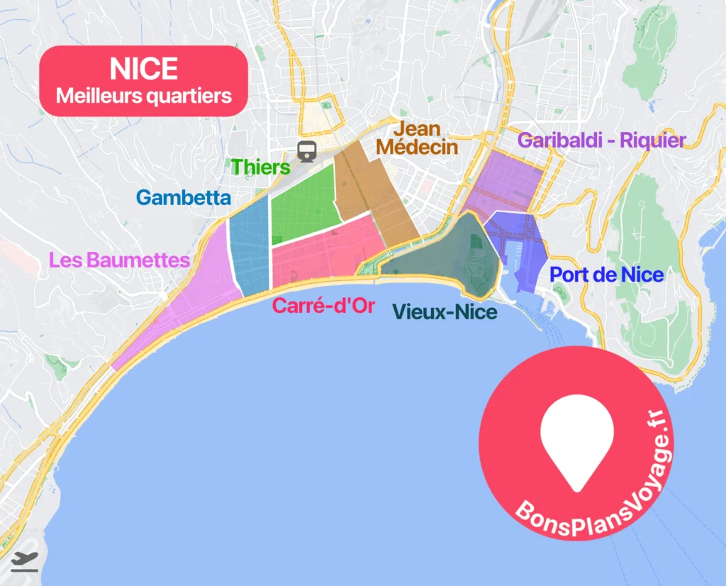 Carte des meilleurs quartiers où dormir à Nice en France