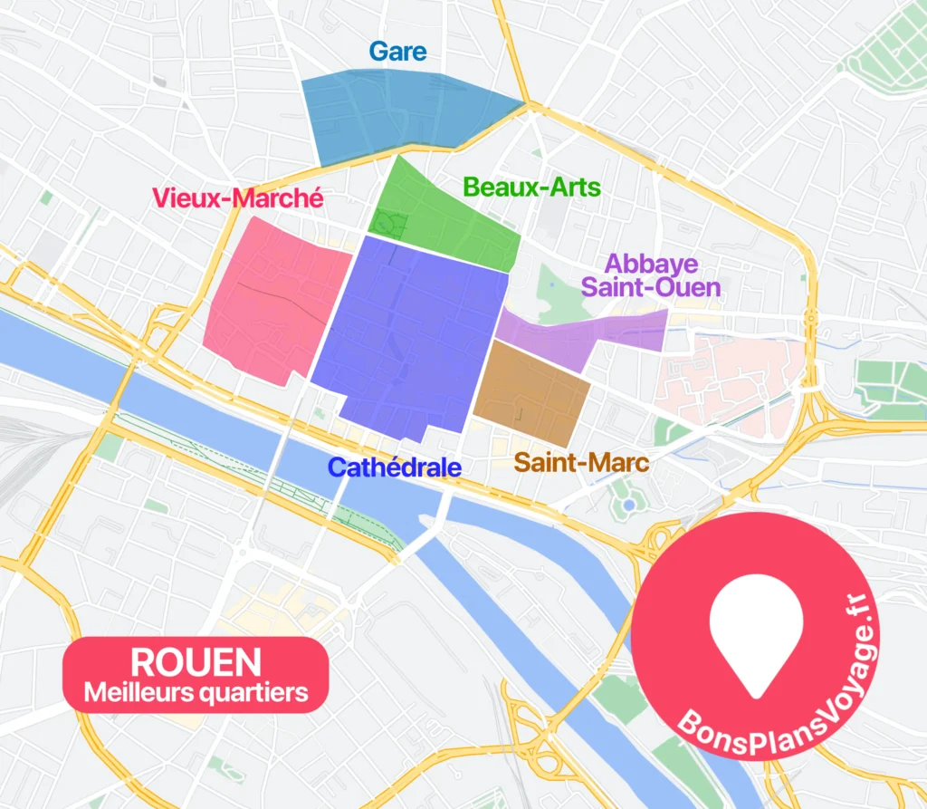 Carte des meilleurs quartiers où dormir à Rouen en France