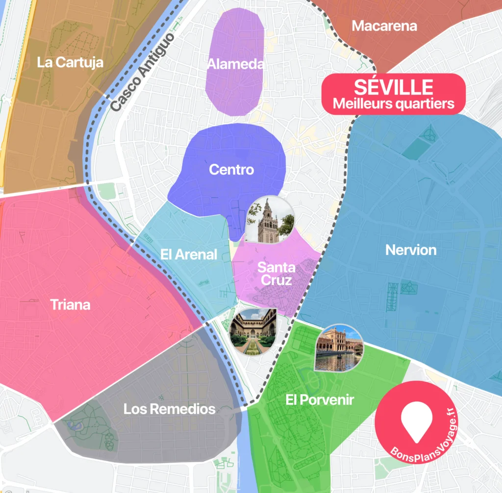 Carte des meilleurs quartiers où dormir à Séville en Espagne