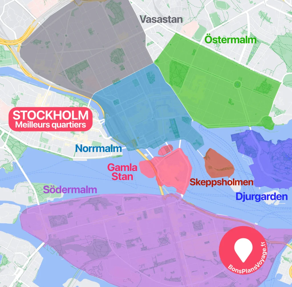 Carte des meilleurs quartiers où dormir à Stockholm en Suède