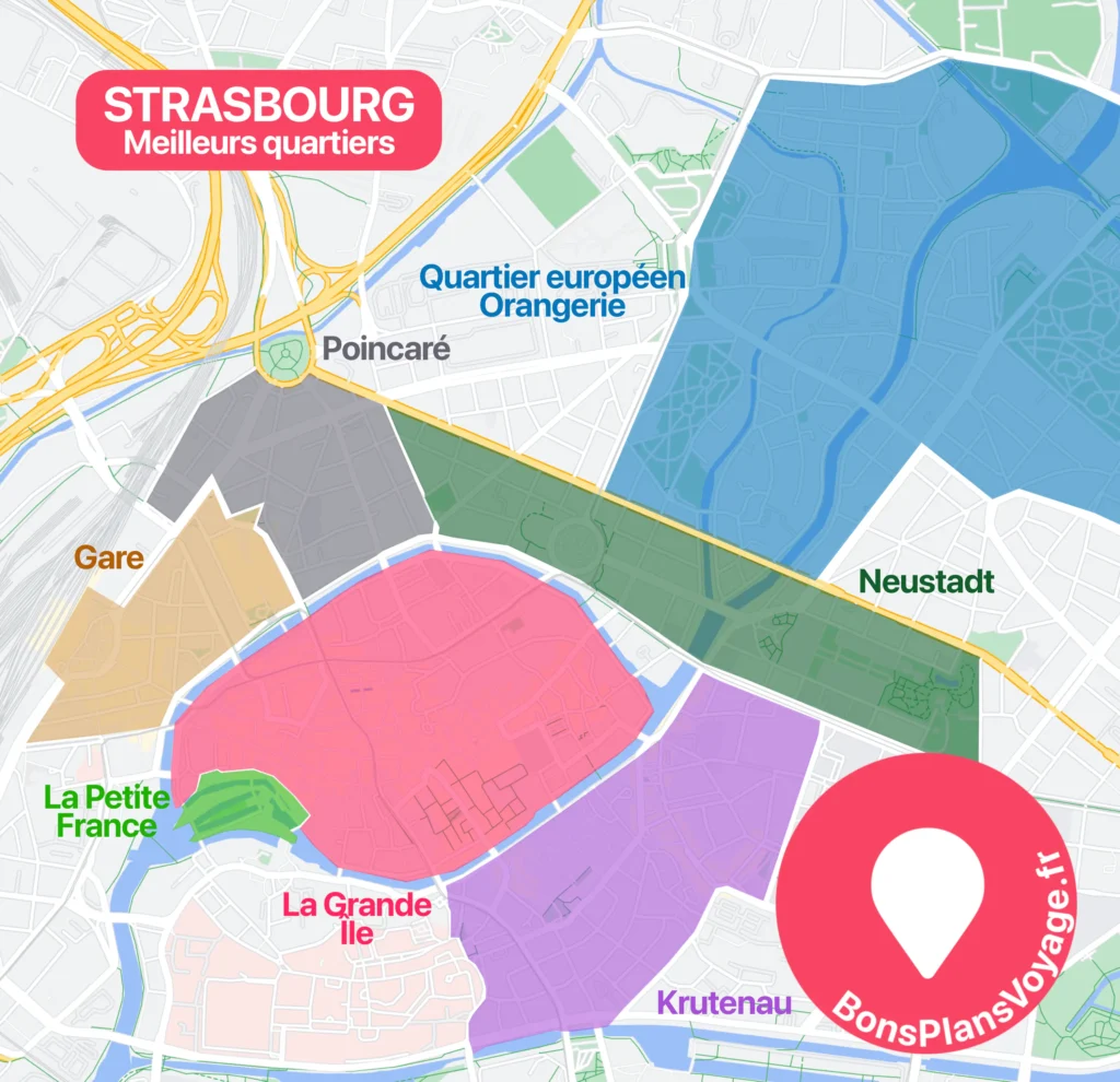 Carte des meilleurs quartiers où dormir à Strasbourg en France