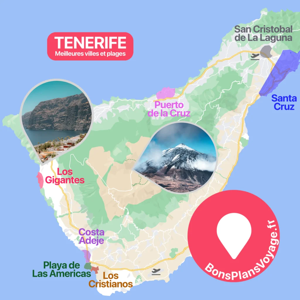 Carte des meilleures villes et plages où dormir à Tenerife, aux Canaries, en Espagne