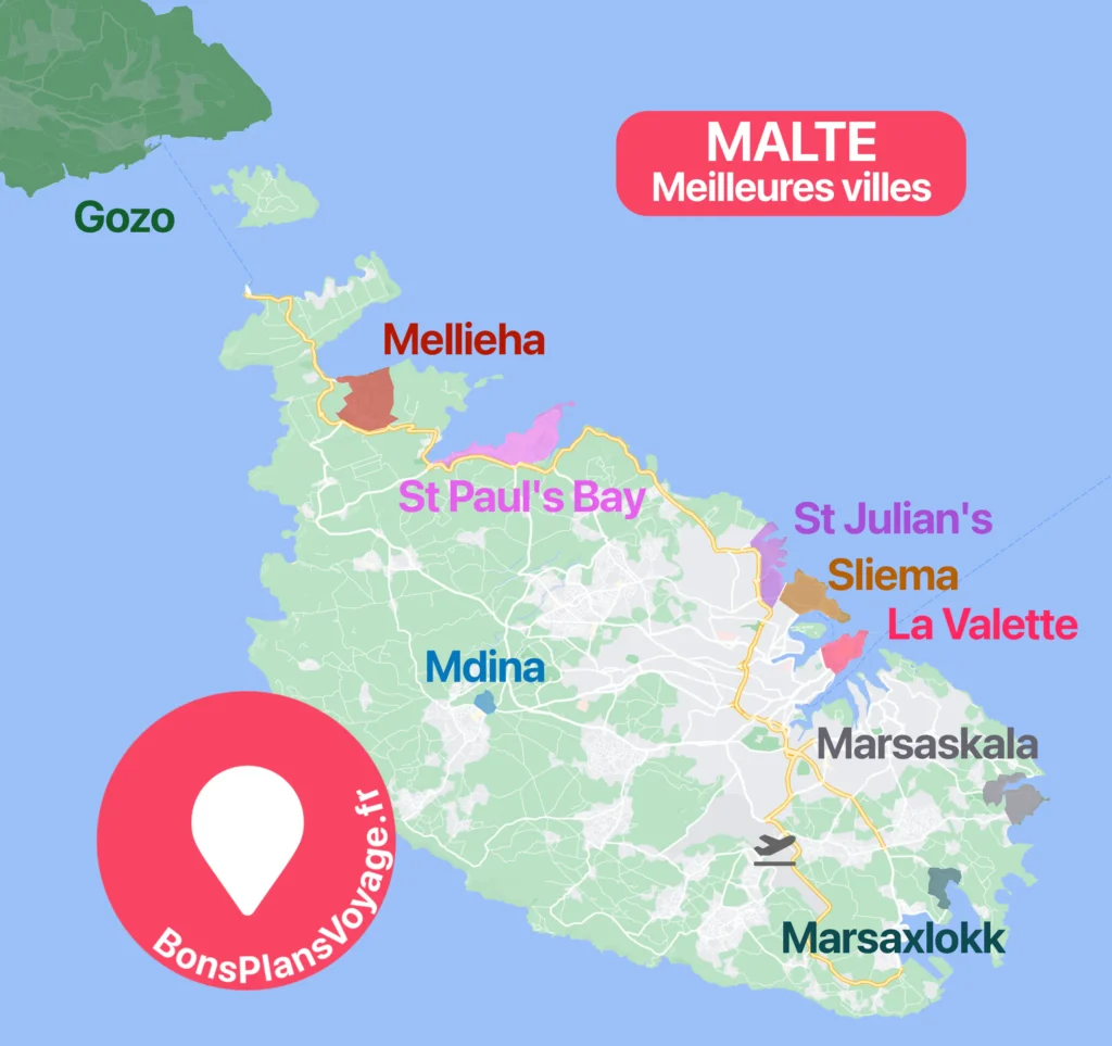 Carte des meilleures villes où dormir à Malte