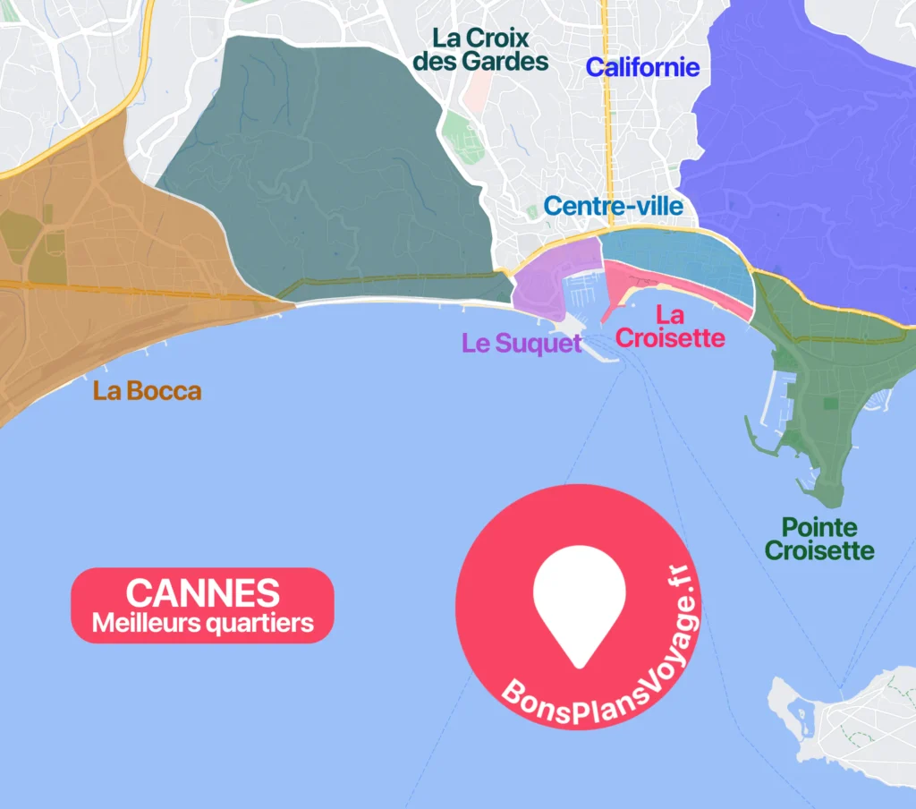 Carte des meilleurs quartiers où dormir à Cannes et La Bocca en France