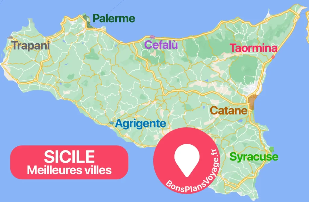 Carte des meilleures villes où dormir en Sicile, en Italie